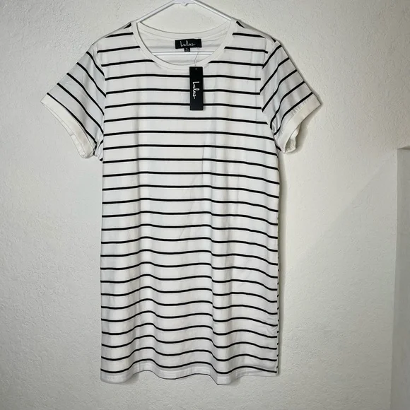 lulus t shirt dress Black and Cream Striped Dress - Shirt Dress - Shift Dress
